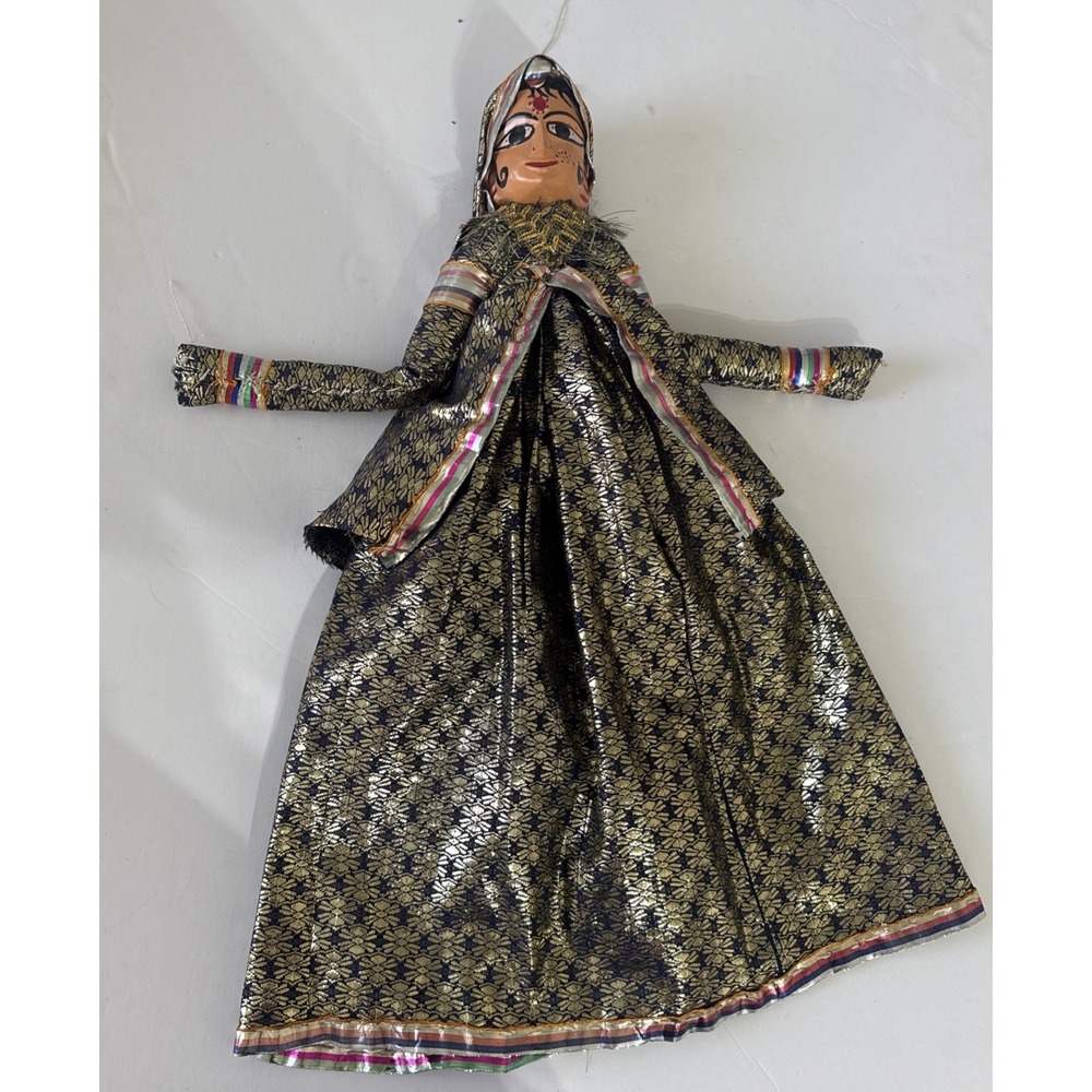 INDIAN STRING PUPPET Rajasthani Kathputli Hand-painted Vintage Doll Wood Chiffon